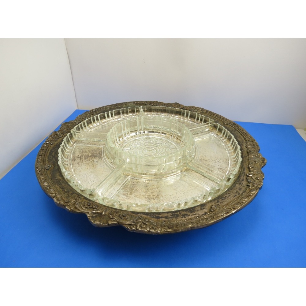 Vintage 1950s SHERIDAN Silver Plated Lazy Susan Pedestal Tray with Glass Trays